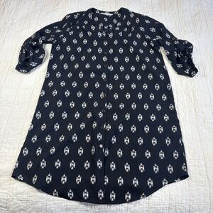 41 Hawthorn Womens M Shirt Dress Black Geometric 3/4 Roll Tab Sleeve Button Down